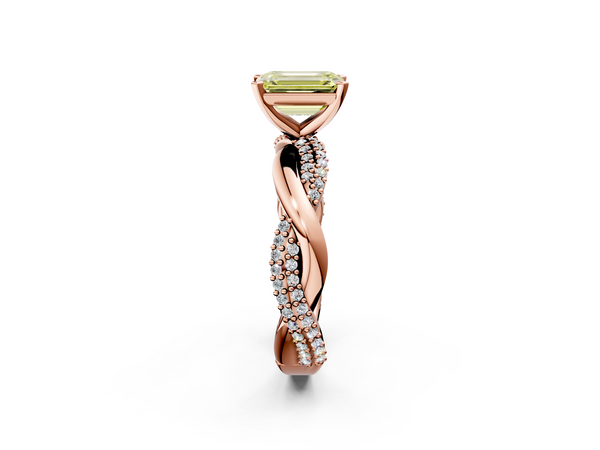 Rose gold Fancy Yellow Emerald  Solitaire Twist Band with Pave Prong Setting