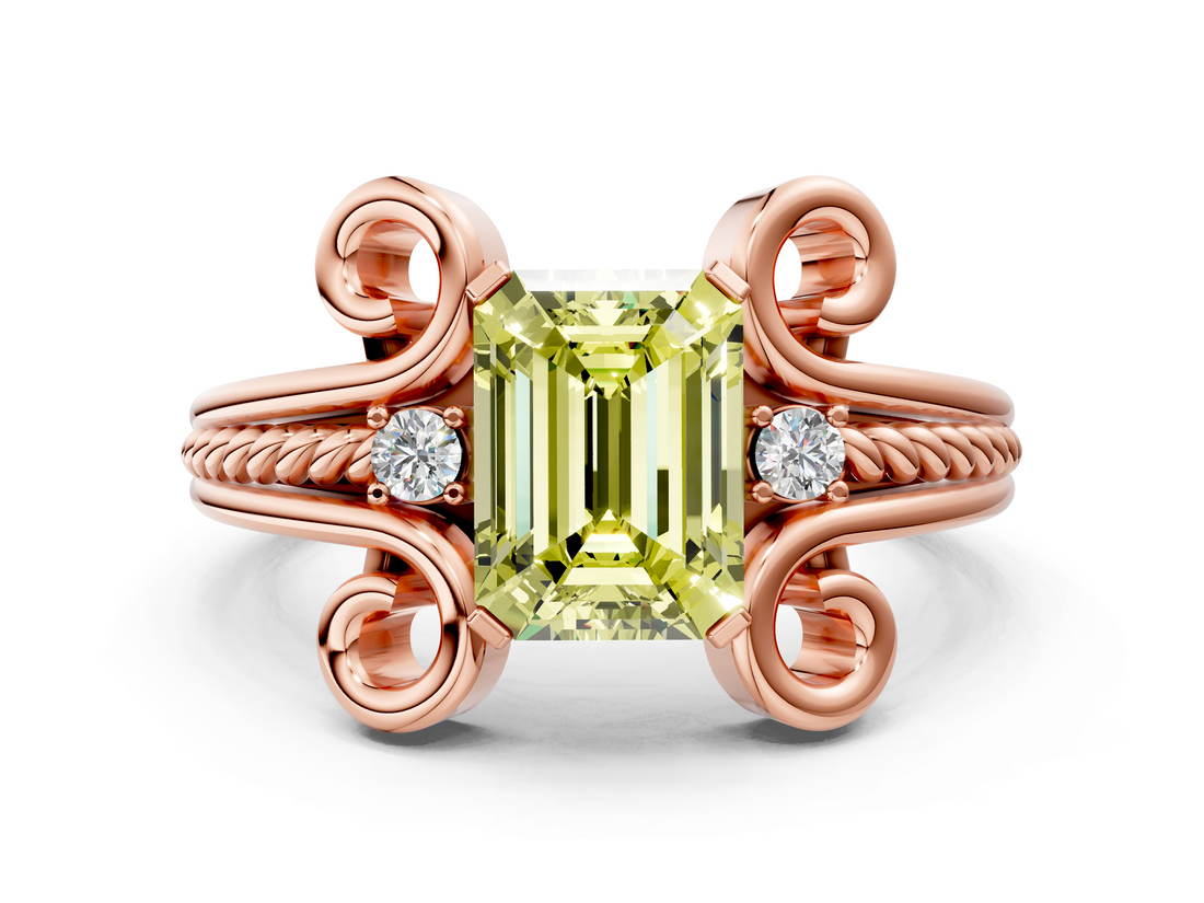 Rose gold Fancy Yellow Emerald  Solitaire Twisted Band Scroll Prong Ring_3