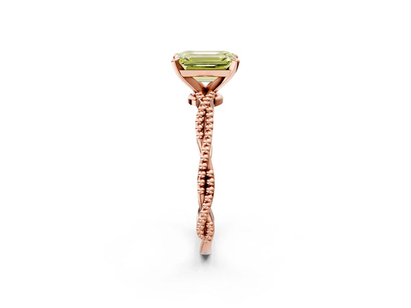 Rose gold Fancy Yellow Emerald  Solitaire Twisted Band with Bead Prong Setting