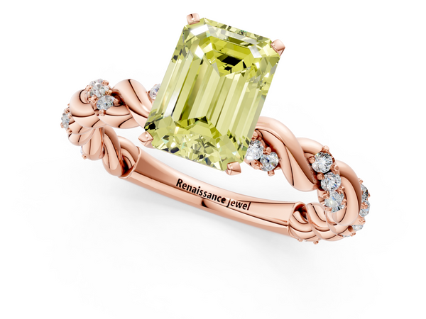 Rose gold Fancy Yellow Emerald Cut Diamond Solitaire Ring with Twisted Band and Pavé Accents