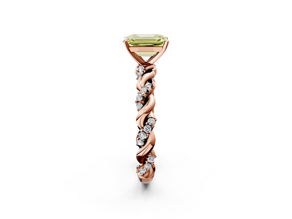 Rose gold Fancy Yellow Emerald Cut Diamond Solitaire Ring with Twisted Band and Pavé Accents
