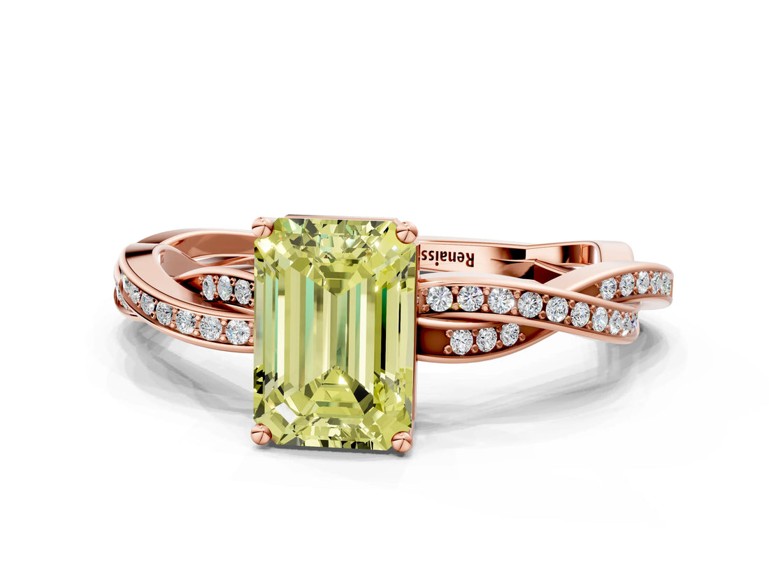 Rose gold Fancy Yellow Emerald  Solitaire Twisted Pave Diamond Ring with Four-Prong Setting_81