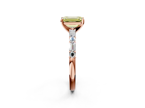 Rose gold Fancy Yellow Emerald Cut Diamond Solitaire with Side Baguettes and Channel Set Band