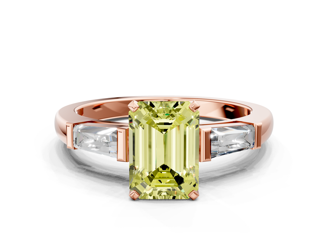 Rose gold Fancy Yellow Emerald  Solitaire with Tapered Baguette Side Stones on a Classic Band with Four-Prong Setting_104
