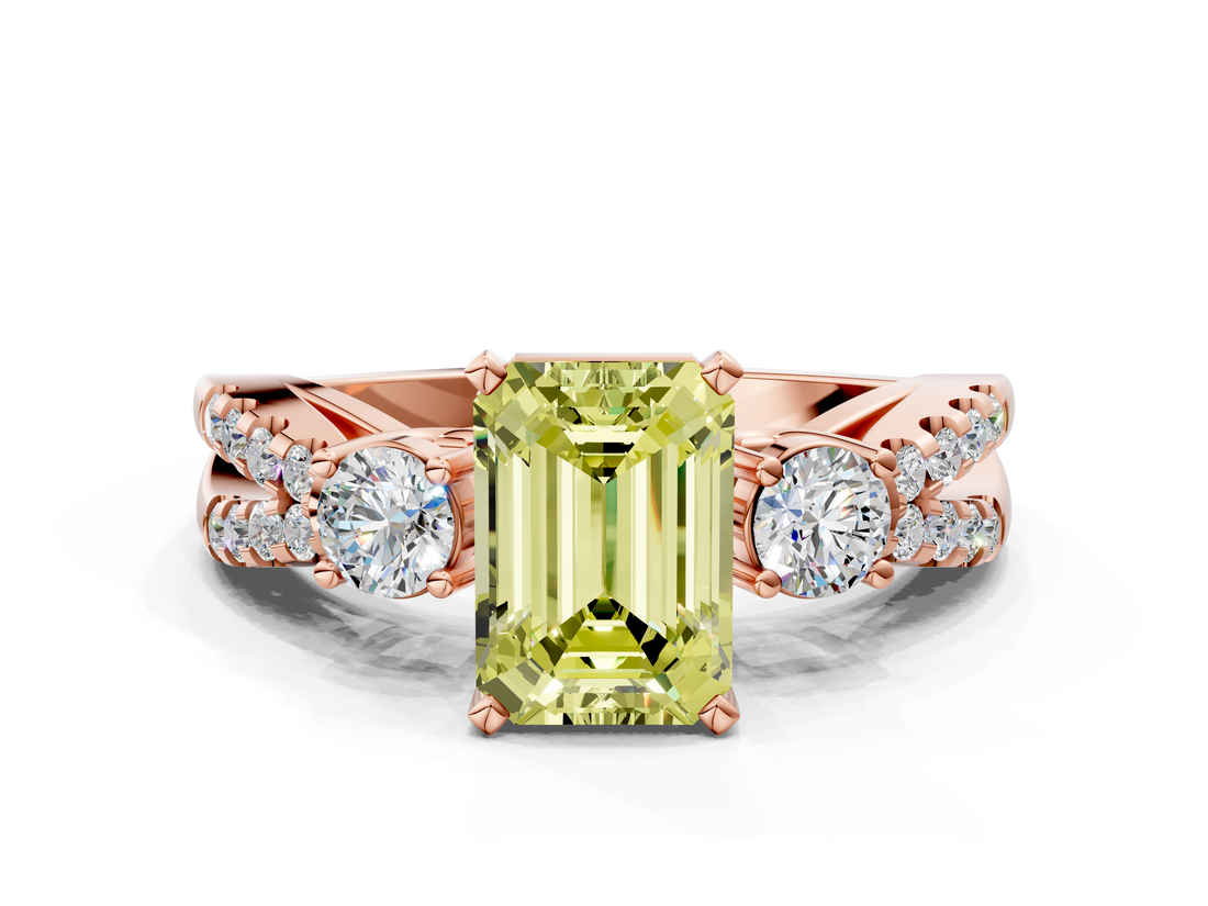 Rose gold Fancy Yellow Emerald  Three-Stone Diamond Ring with Pavé Split Shank and Four-Prong Setting_61