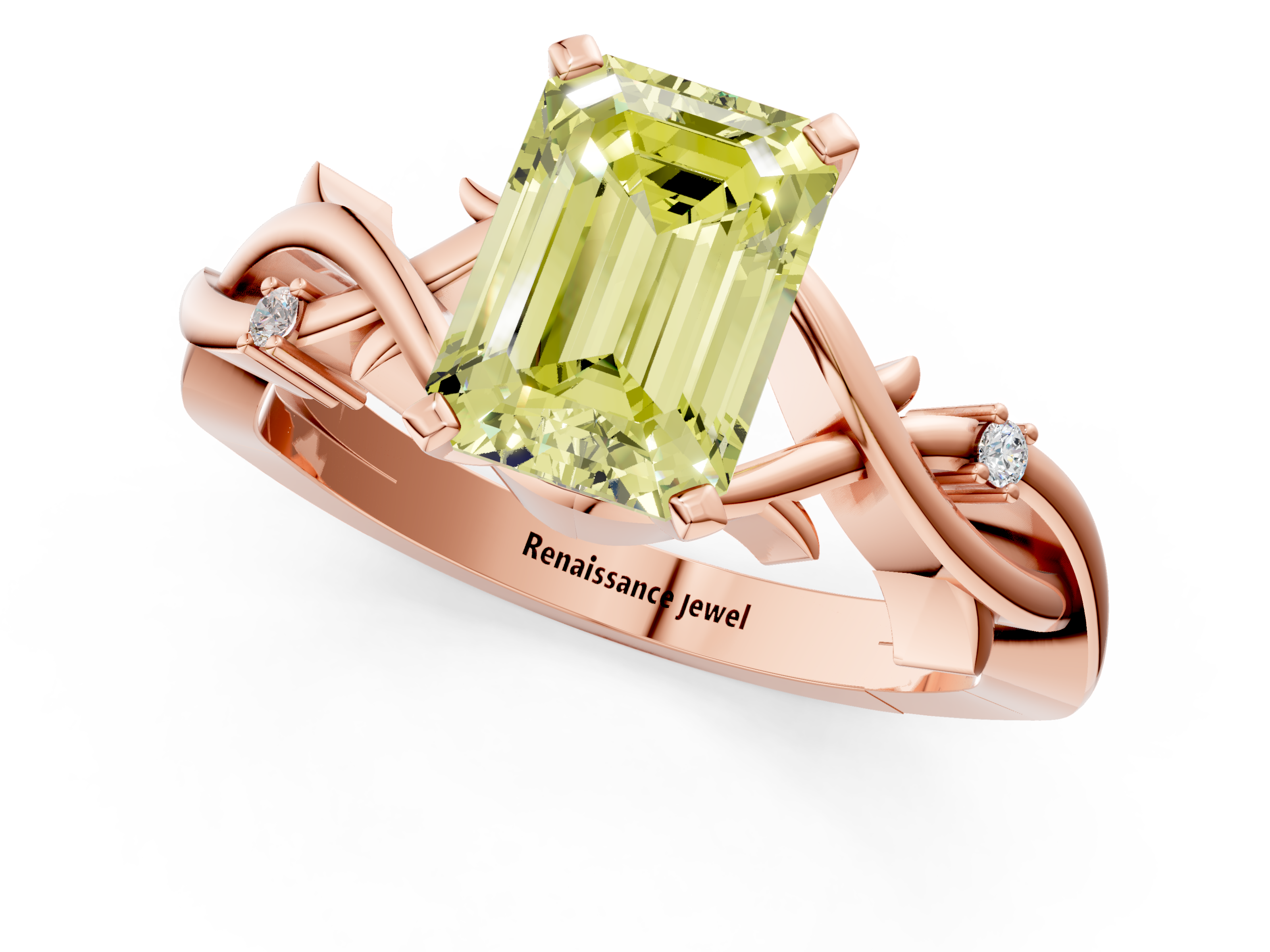 Rose gold Fancy Yellow Emerald cut Solitaire Twisted Band Prong Setting Ring_184