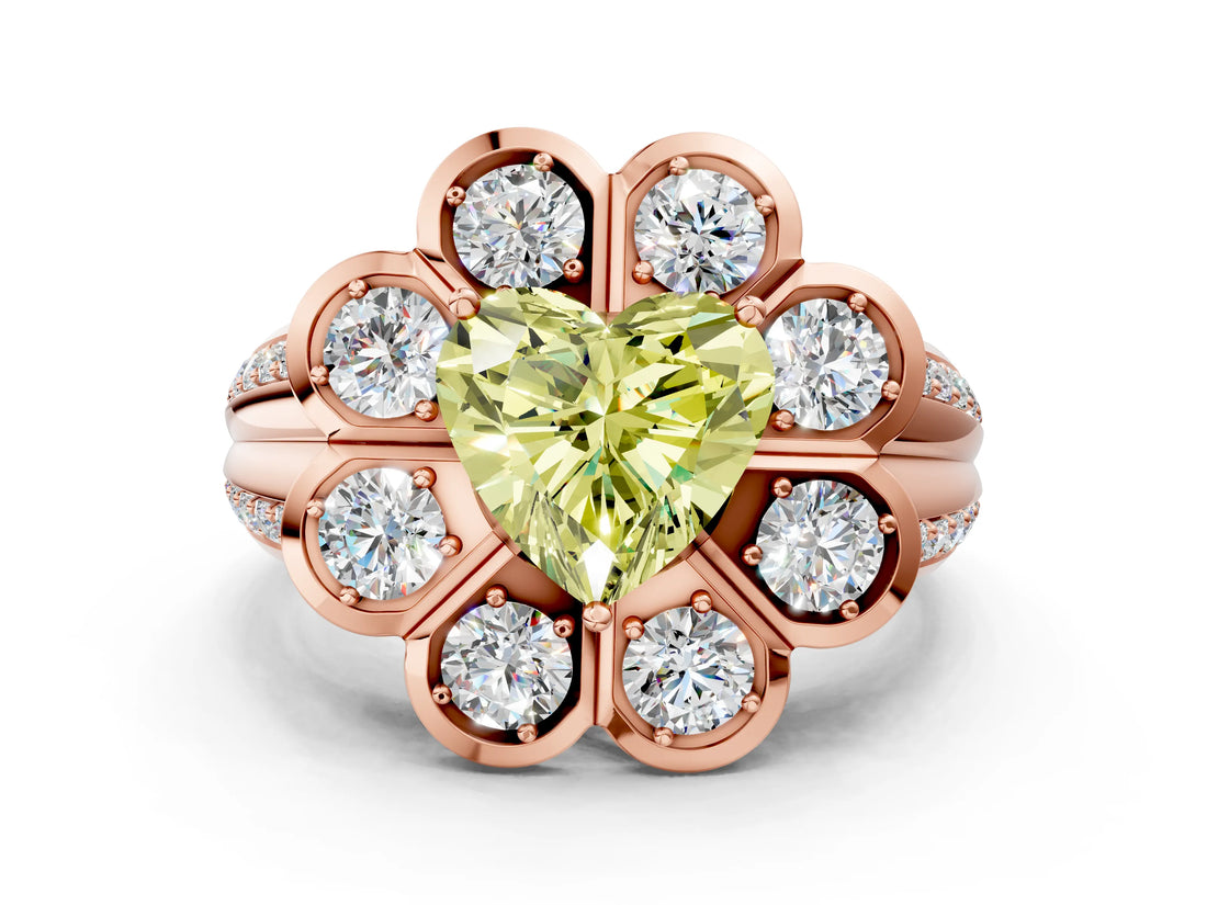 Rose gold Fancy Yellow Heart  Brilliant Flower Halo Diamond Split Shank Ring_27