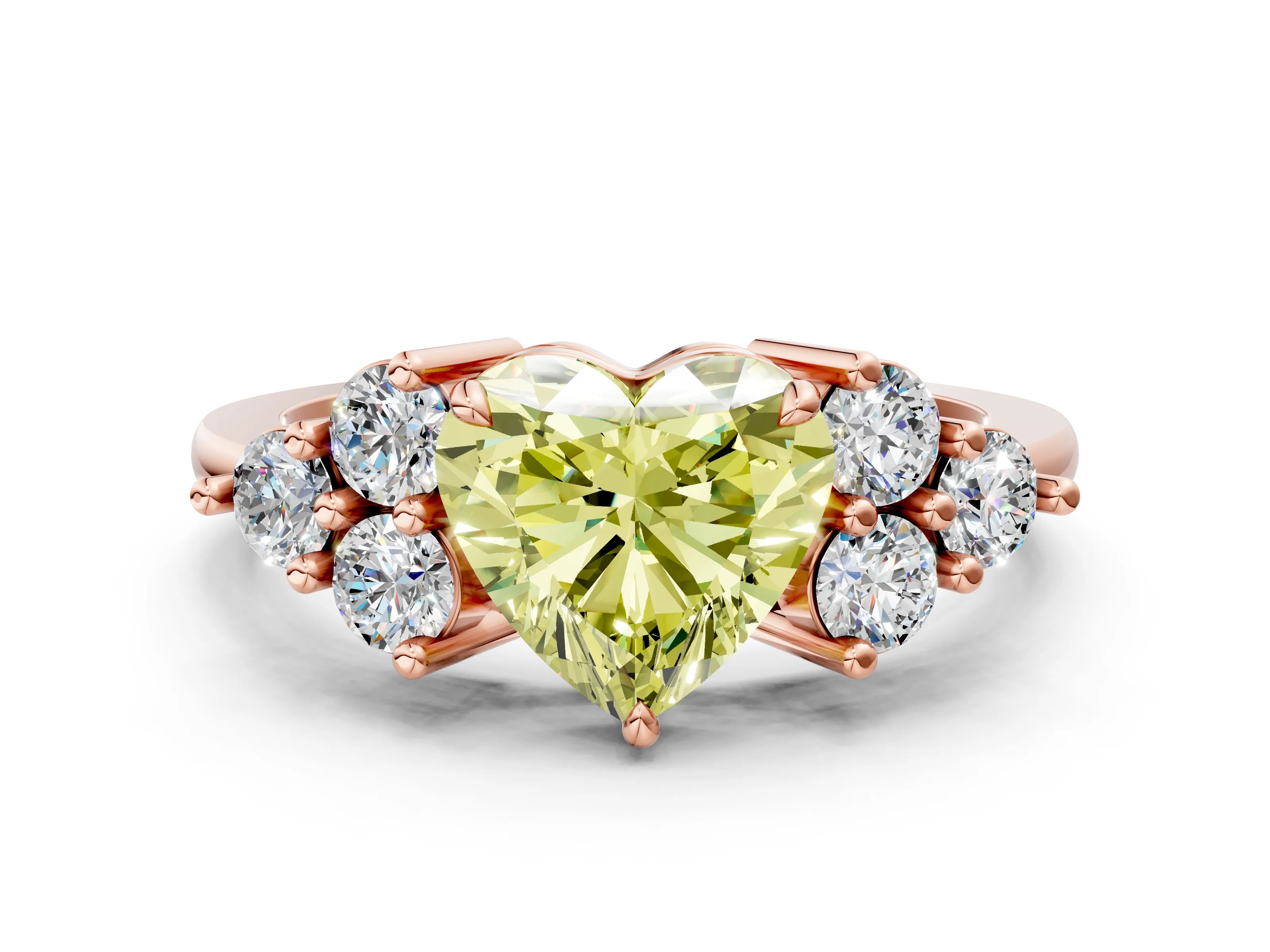 Rose gold Fancy Yellow Heart Cut Brilliant Diamond Cluster Accent Solitaire Ring with Prong Setting