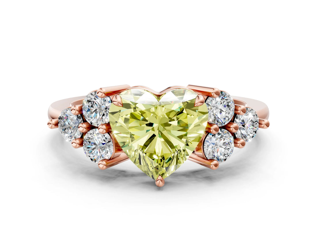 Rose gold Fancy Yellow Heart Cut Brilliant Diamond Cluster Accent Solitaire Ring with Prong Setting