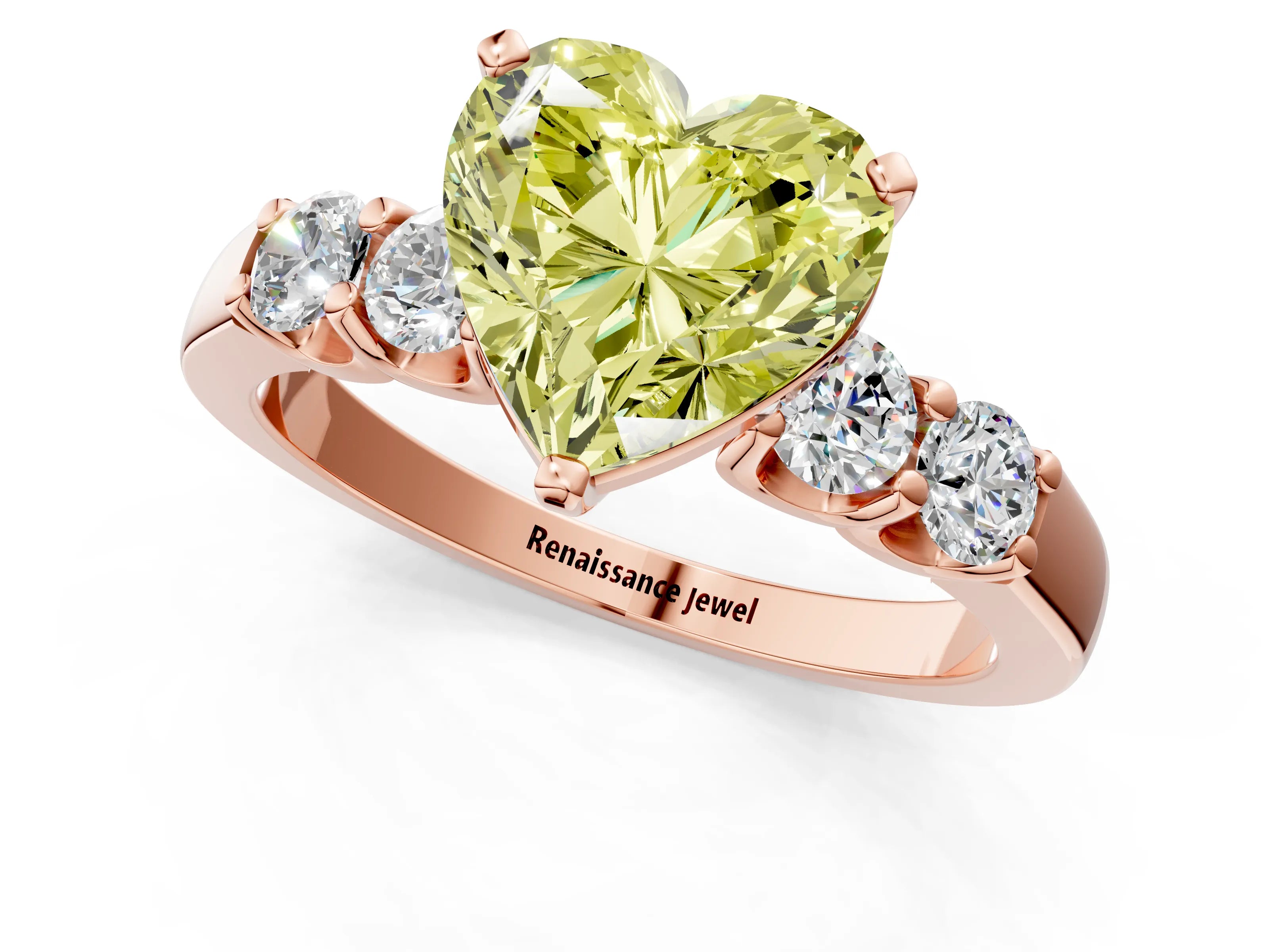 Rose gold Fancy Yellow Heart Cut Brilliant Diamond Five-Stone Engagement Ring with Prong Setting on a Classic Band_4