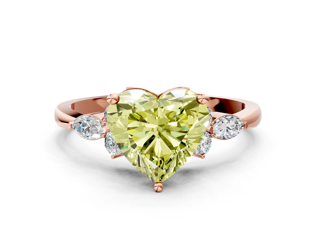 Rose gold Fancy Yellow Heart Cut Brilliant Diamond Solitaire Ring with Pear Side Stones and Four-Prong Setting_3