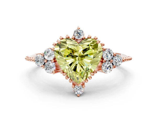 Rose gold Fancy Yellow Heart Cut Brilliant Diamond with Cluster Setting on a Beaded Band and Four-Prong Setting