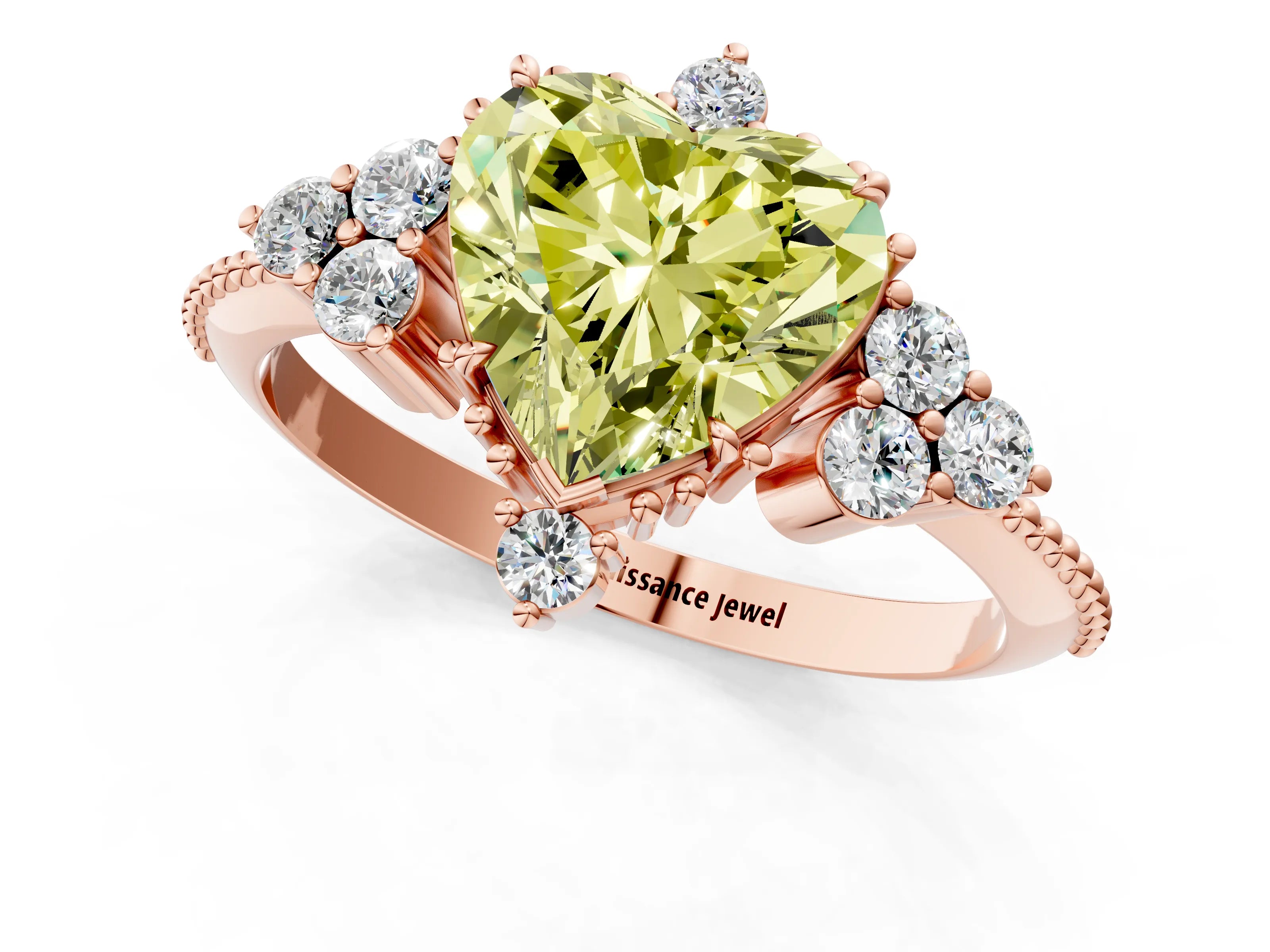 Rose gold Fancy Yellow Heart Cut Brilliant Diamond with Cluster Setting on a Beaded Band and Four-Prong Setting_13