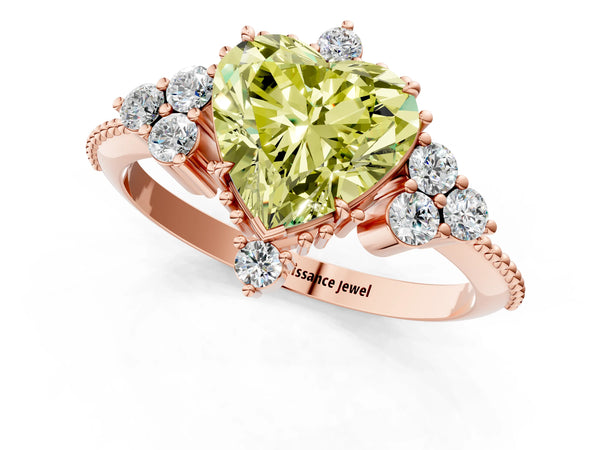 Rose gold Fancy Yellow Heart Cut Brilliant Diamond with Cluster Setting on a Beaded Band and Four-Prong Setting