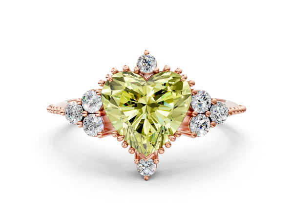 Rose gold Fancy Yellow Heart Cut Brilliant Diamond with Cluster Setting on a Beaded Band and Four-Prong Setting