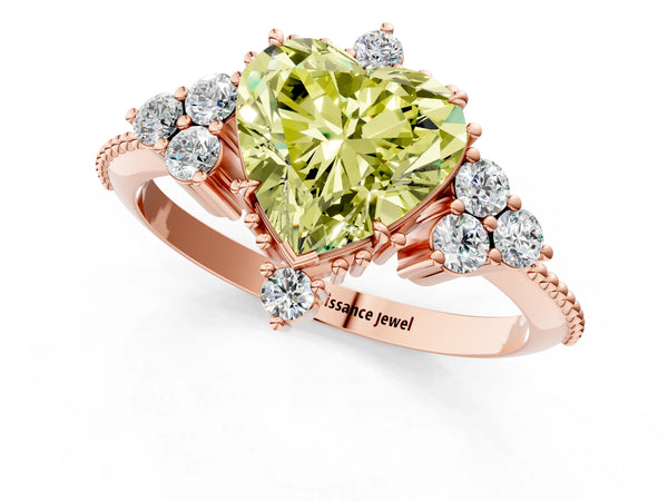 Rose gold Fancy Yellow Heart Cut Brilliant Diamond with Cluster Setting on a Beaded Band and Four-Prong Setting