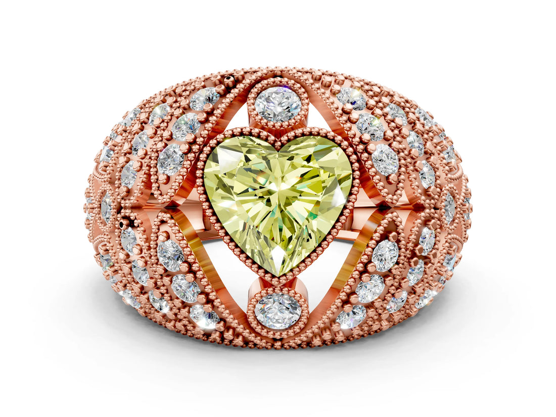 Rose gold Fancy Yellow Heart Cut Brilliant Halo Pave Diamond Milgrain Ring