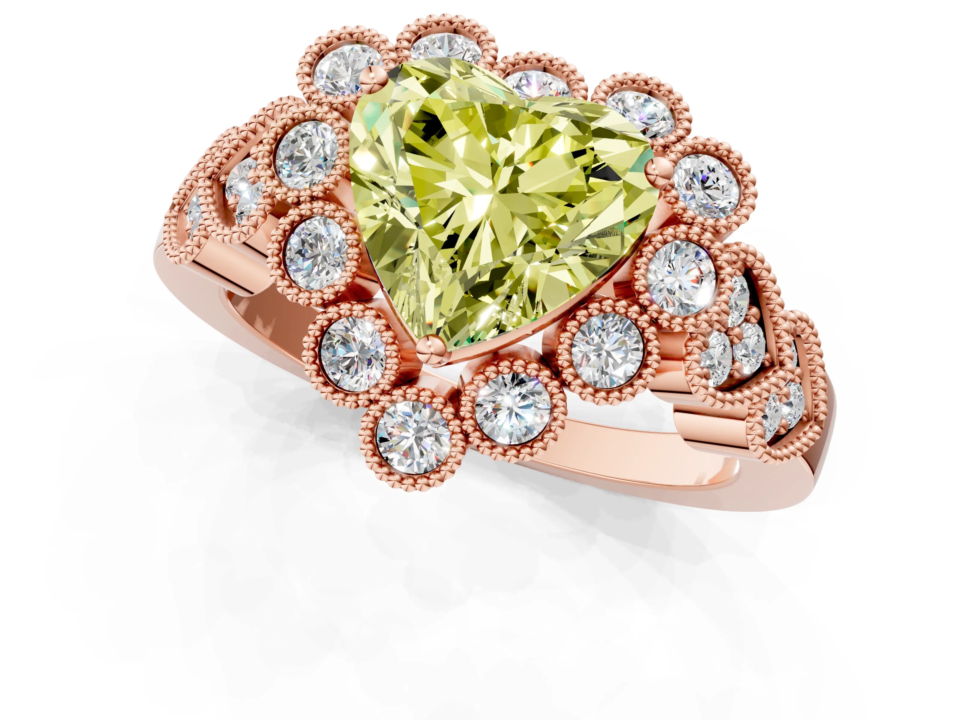 Rose gold Fancy Yellow Heart Cut Brilliant Milgrain Pave Heart Band Solitaire Ring_1