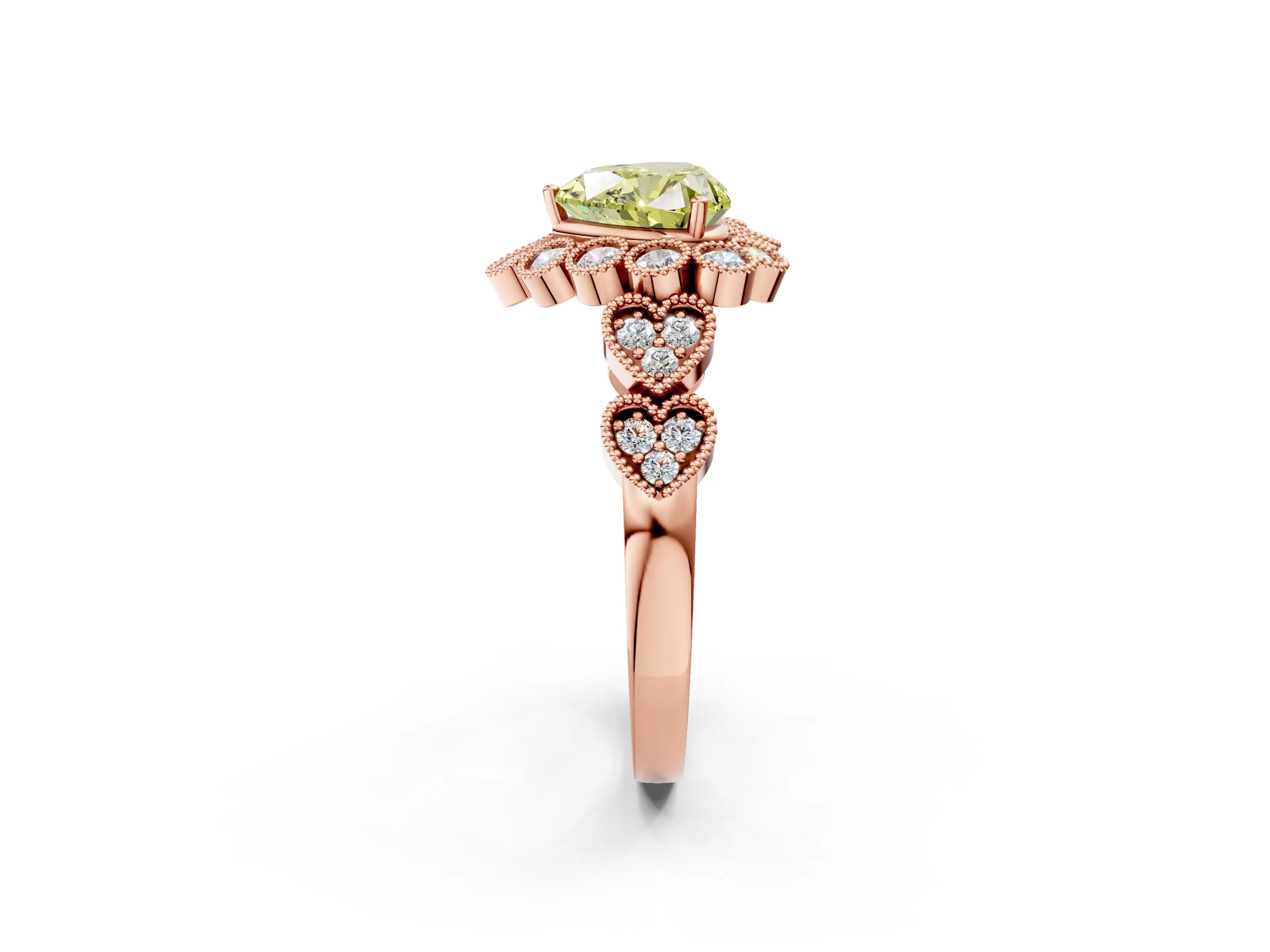 Rose gold Fancy Yellow Heart Cut Brilliant Milgrain Pave Heart Band Solitaire Ring_2