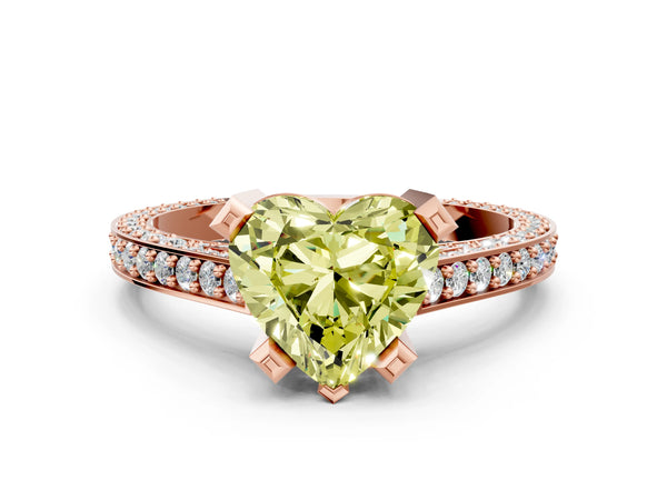Rose gold Fancy Yellow Heart Cut Brilliant Split Shank Pave Solitaire Ring with Four-Prong Setting