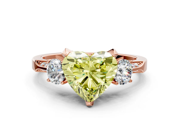 Rose gold Fancy Yellow Heart Cut Brilliant Three-Stone Diamond Ring with Pavé Band and Four-Prong Setting