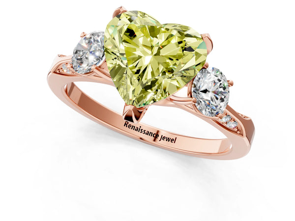 Rose gold Fancy Yellow Heart Cut Brilliant Three-Stone Diamond Ring with Pavé Band and Four-Prong Setting