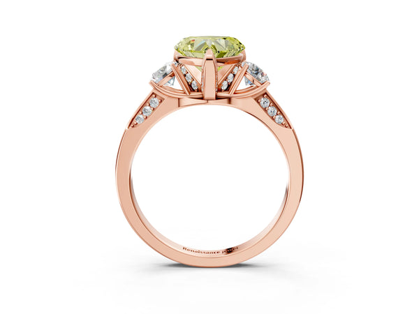 Rose gold Fancy Yellow Heart Cut Brilliant Three-Stone Diamond Ring with Pavé Band and Four-Prong Setting