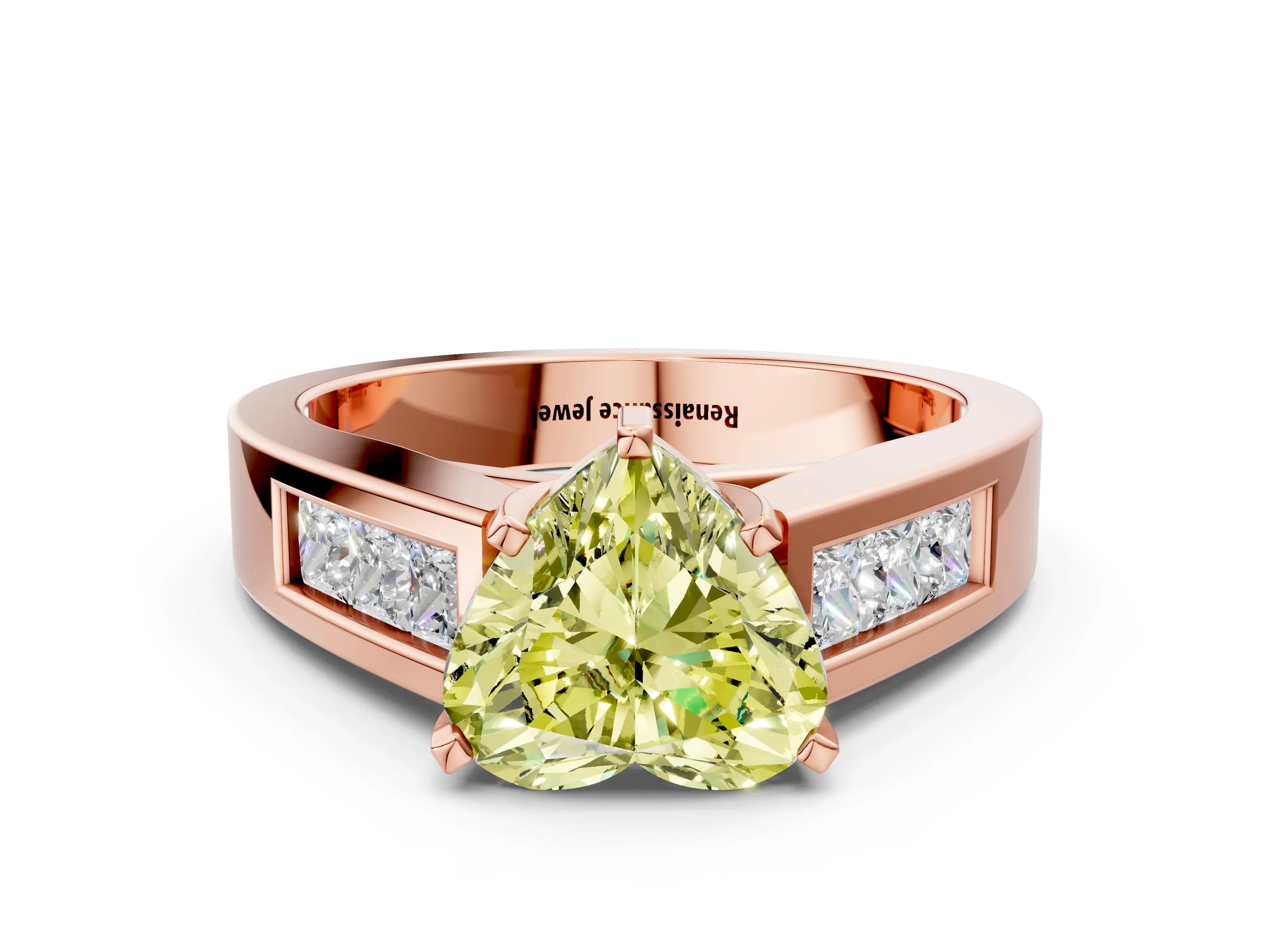 Rose gold Fancy Yellow Heart Cut Cut Channel Set Solitaire Ring with Four-Prong Setting