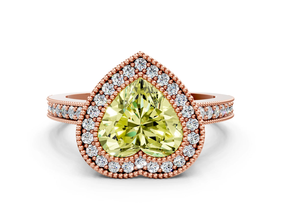 Rose gold Fancy Yellow Heart Cut-Cut Diamond Halo Engagement Ring with Pave Band and Prong Setting