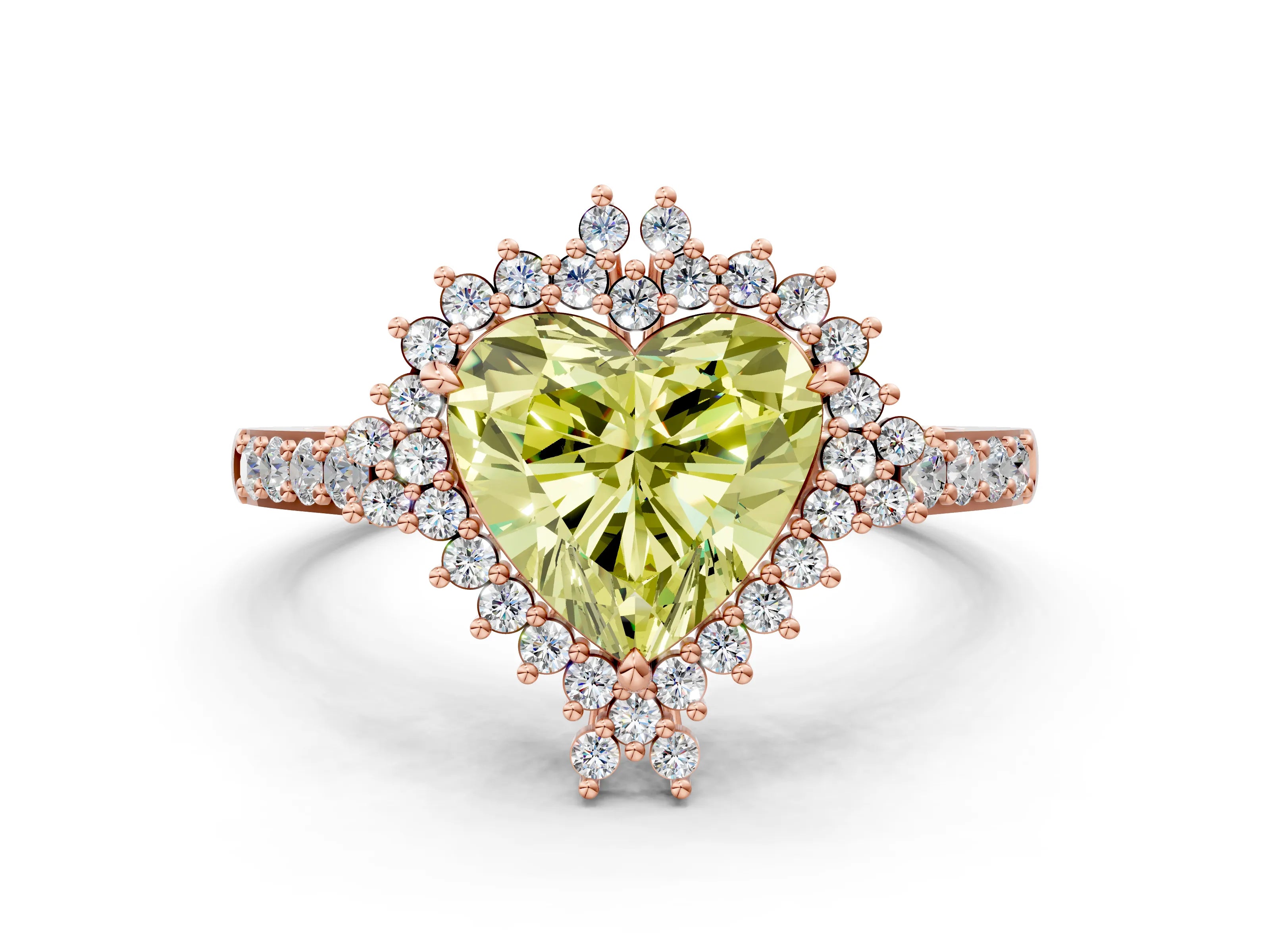 Rose gold Fancy Yellow Heart Cut Cut Diamond Sunburst Halo Engagement Ring with Pavé Band