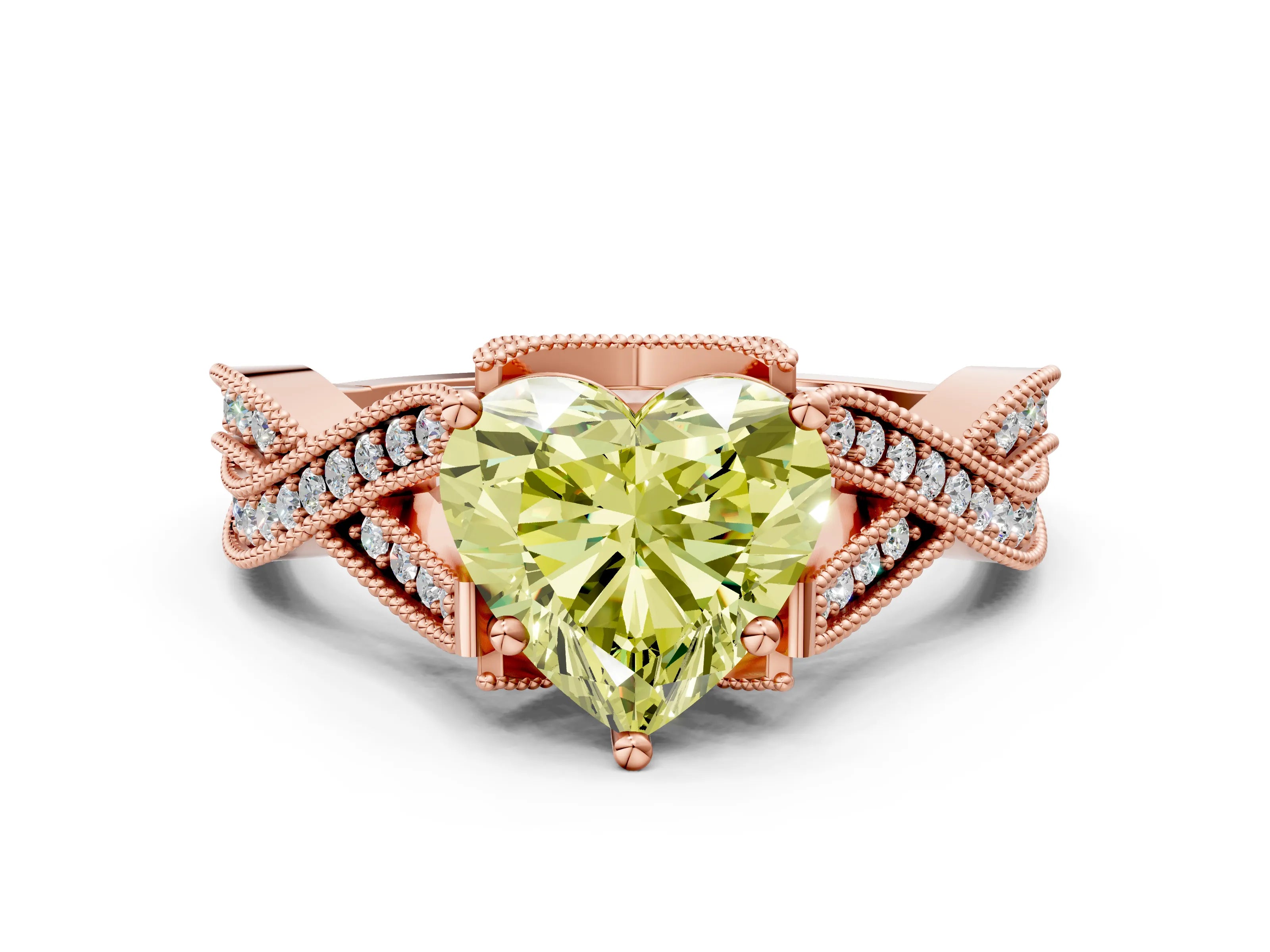 Rose gold Fancy Yellow Heart Cut Cut Diamond Twisted Band with Milgrain Pave Setting and Four-Prong Setting
