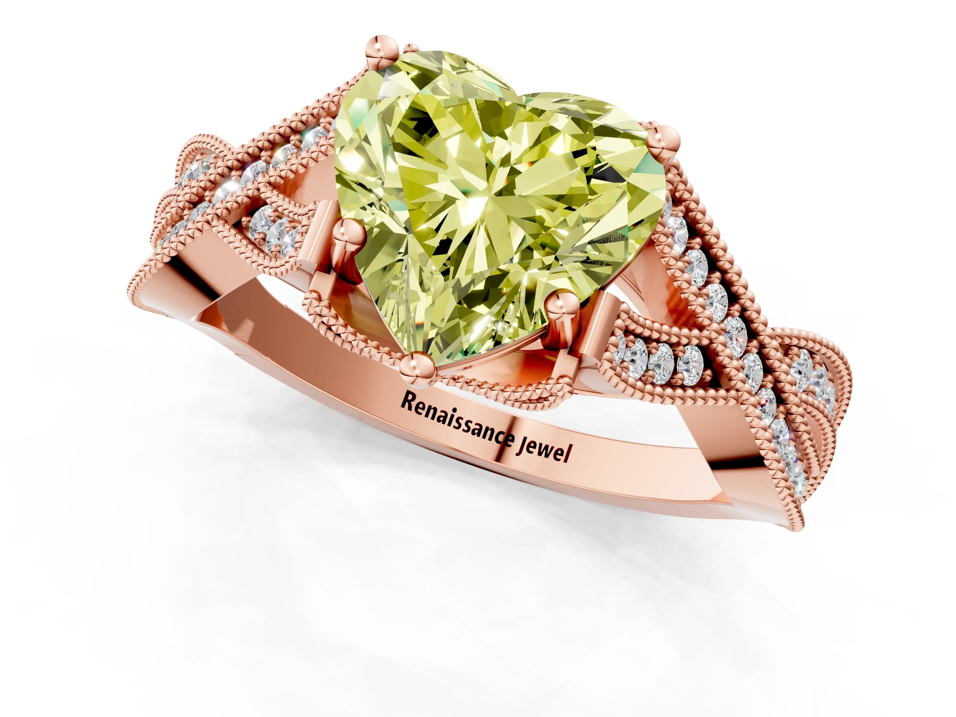Rose gold Fancy Yellow Heart Cut Cut Diamond Twisted Band with Milgrain Pave Setting and Four-Prong Setting_1