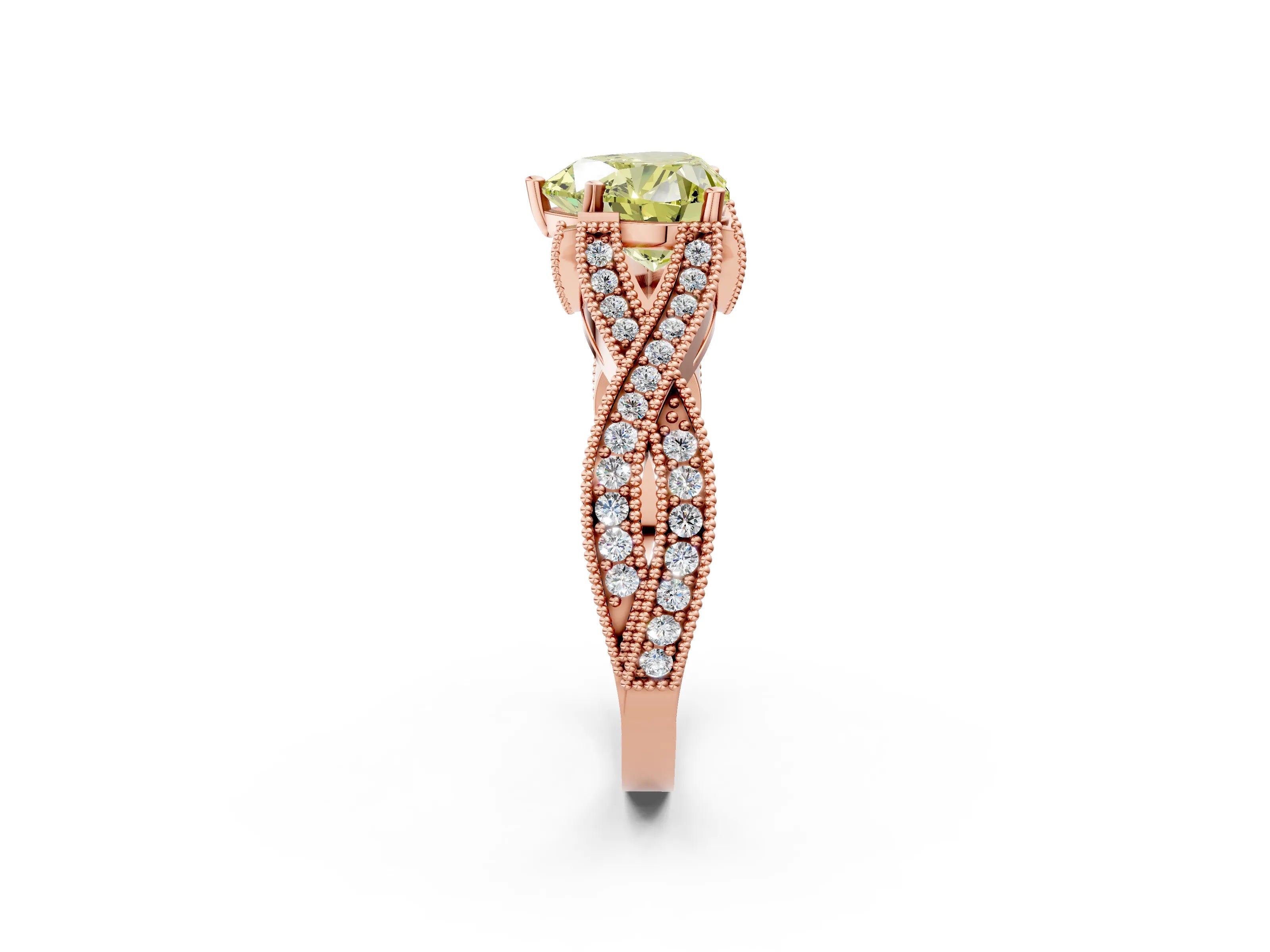 Rose gold Fancy Yellow Heart Cut Cut Diamond Twisted Band with Milgrain Pave Setting and Four-Prong Setting_2