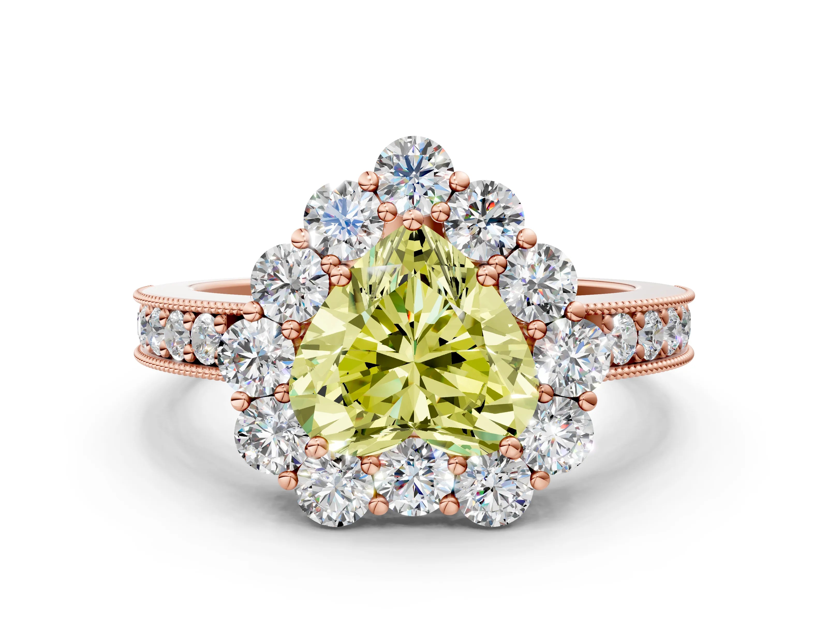 Rose gold Fancy Yellow Heart Cut Cut Halo Diamond Pavé Engagement Ring with Milgrain Detailing