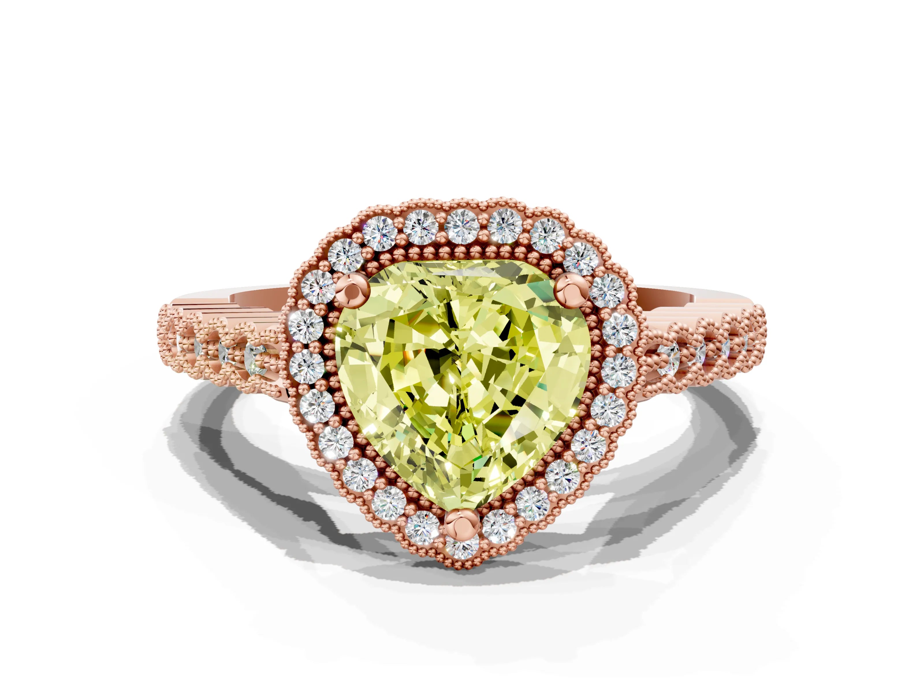 Rose gold Fancy Yellow Heart Cut Cut Halo Pavé Solitaire Ring with Milgrain Band