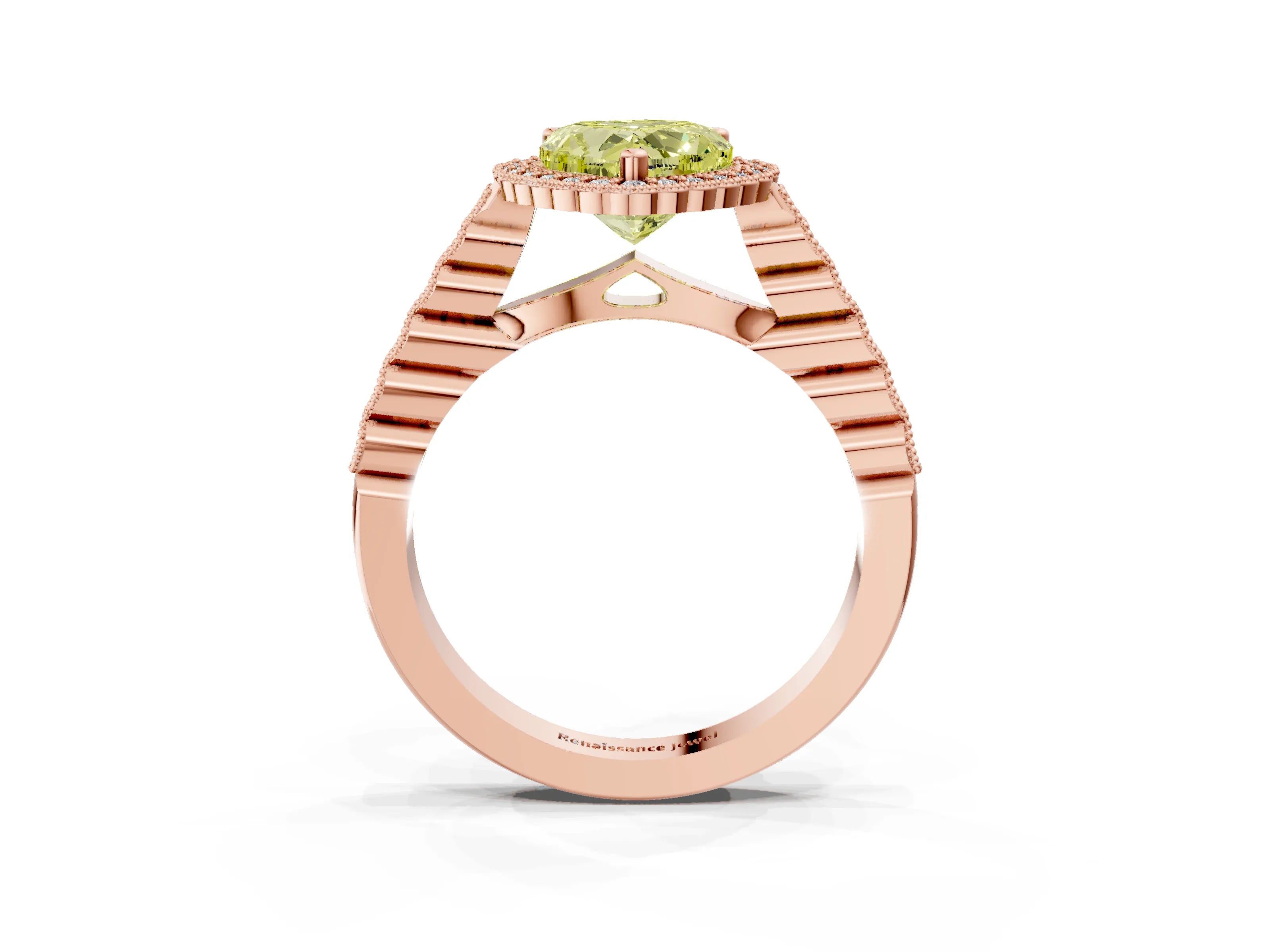 Rose gold Fancy Yellow Heart Cut Cut Halo Pavé Solitaire Ring with Milgrain Band_3