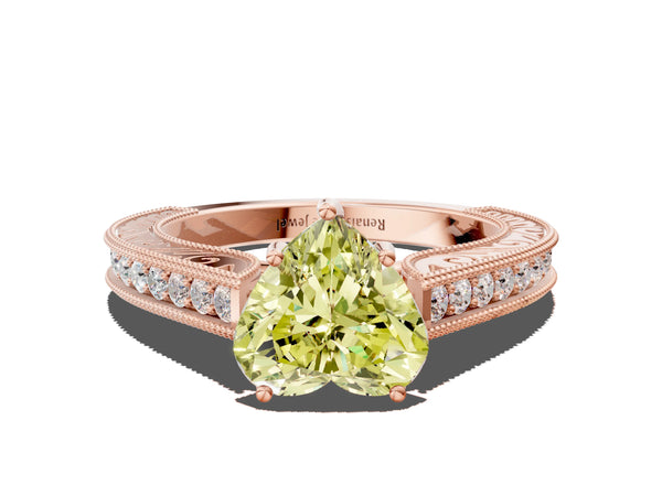 Rose gold Fancy Yellow Heart Cut Cut Pave Band Milgrain Solitaire Ring