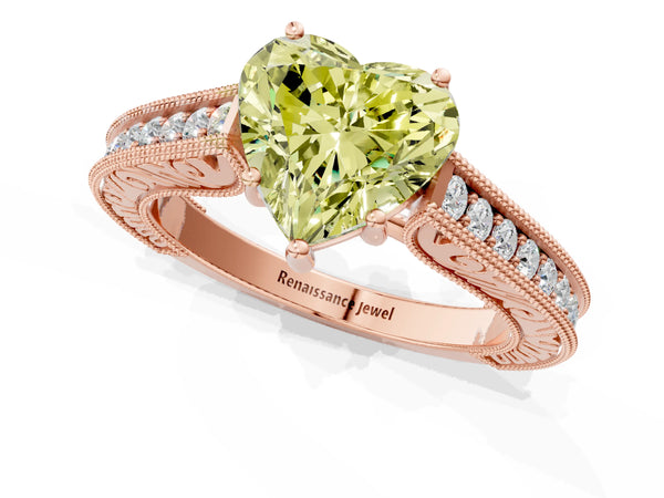 Rose gold Fancy Yellow Heart Cut Cut Pave Band Milgrain Solitaire Ring