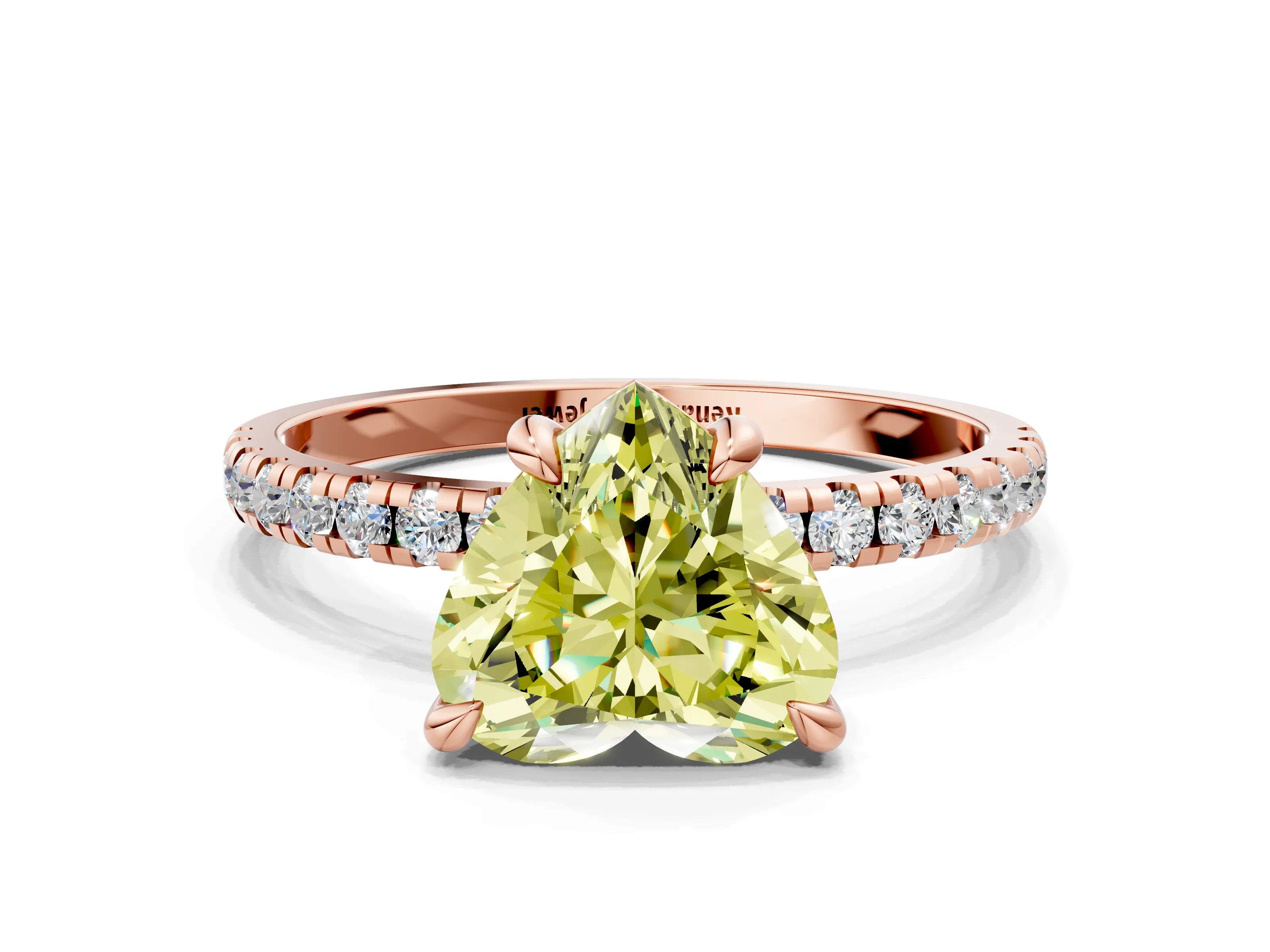 Rose gold Fancy Yellow Heart Cut Diamond Brilliant Solitaire Ring with Pavé Band and Four-Prong Setting