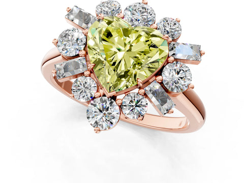 Rose gold Fancy Yellow Heart Cut Diamond Cluster Ring with Round and Baguette Stones, Split Shank Band, Prong Setting_1