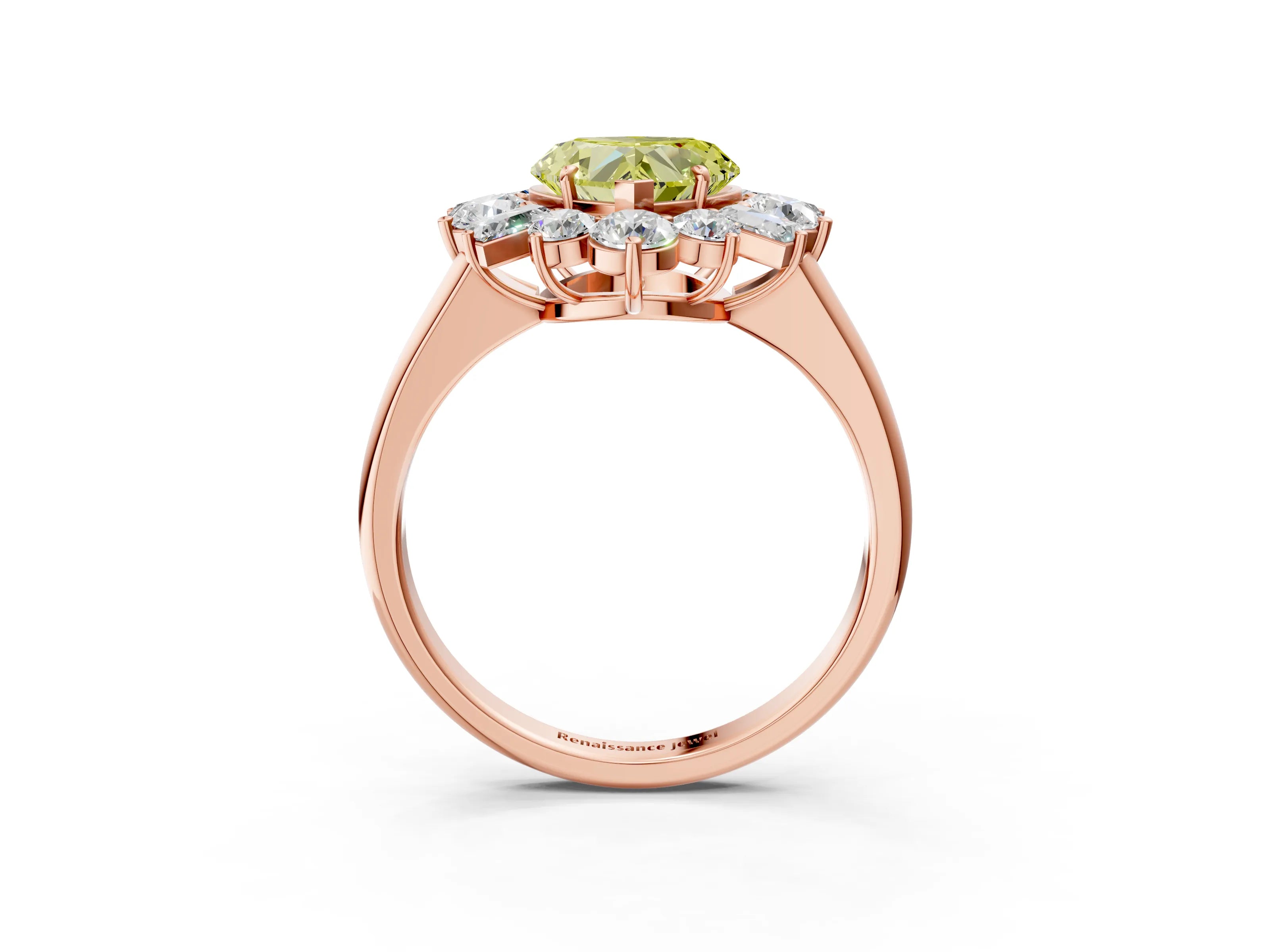Rose gold Fancy Yellow Heart Cut Diamond Cluster Ring with Round and Baguette Stones, Split Shank Band, Prong Setting_3