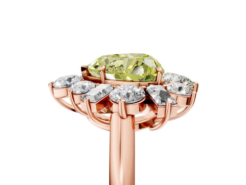 Rose gold Fancy Yellow Heart Cut Diamond Cluster Ring with Round and Baguette Stones, Split Shank Band, Prong Setting_5