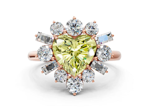 Rose gold Fancy Yellow Heart Cut Diamond Cluster Ring with Round and Baguette Stones, Split Shank Band, Prong Setting