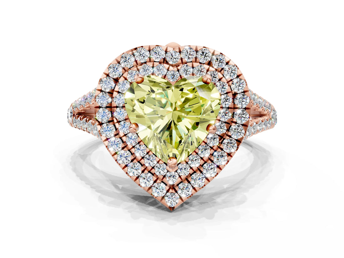 Rose gold Fancy Yellow Heart Cut Diamond Double Halo Ring with Pavé Band and Prong Setting_75