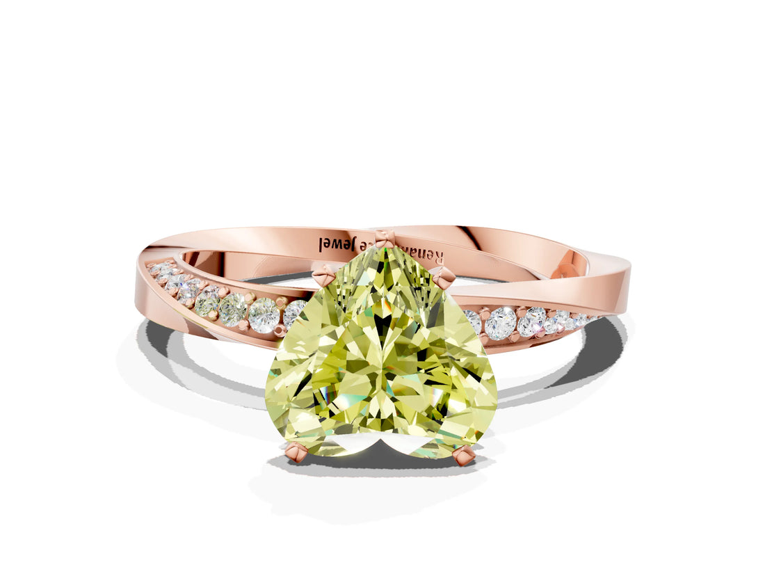 Rose gold Fancy Yellow Heart Cut Diamond Engagement Ring with Side Stone Accents and Four-Prong Setting
