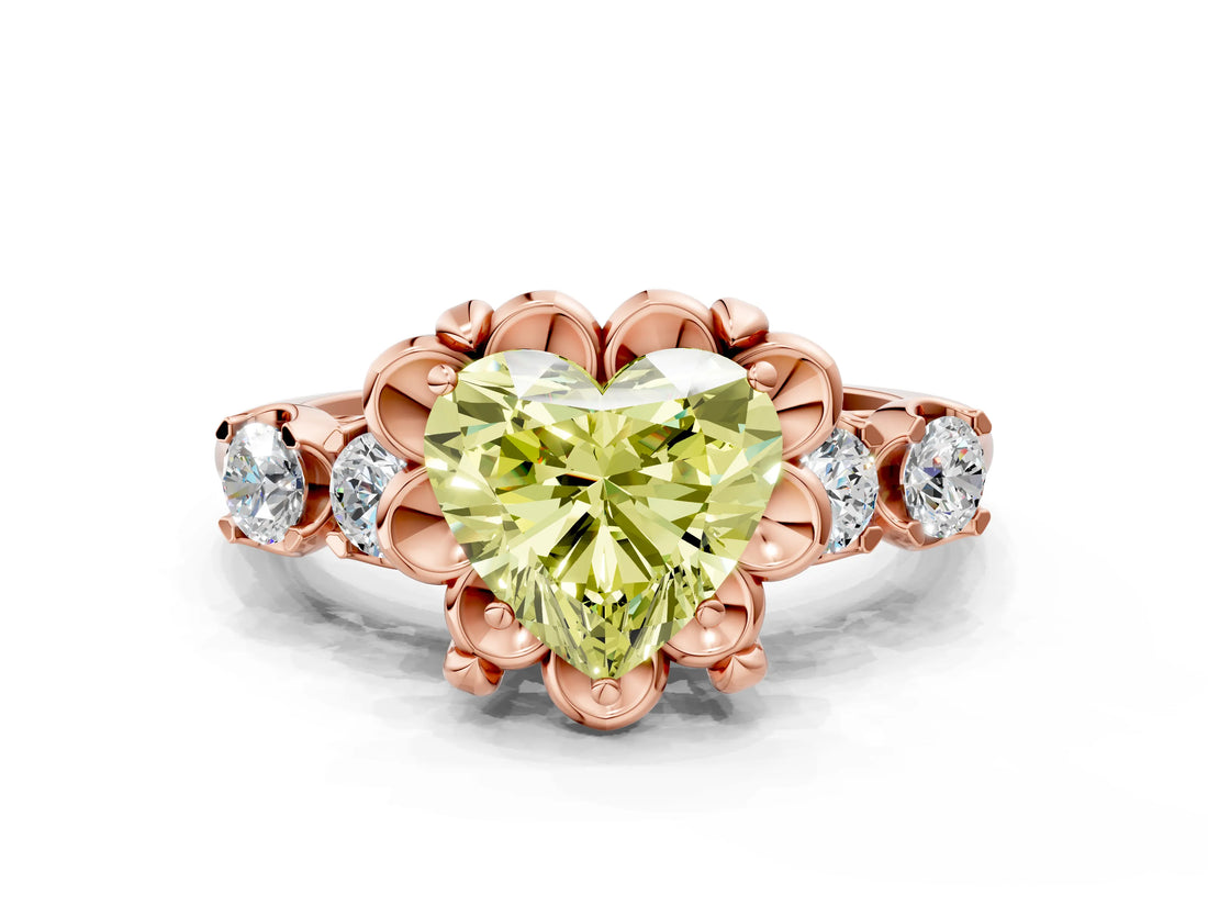 Rose gold Fancy Yellow Heart  Cut Diamond Floral Halo Engagement Ring with Shared Prong Setting
