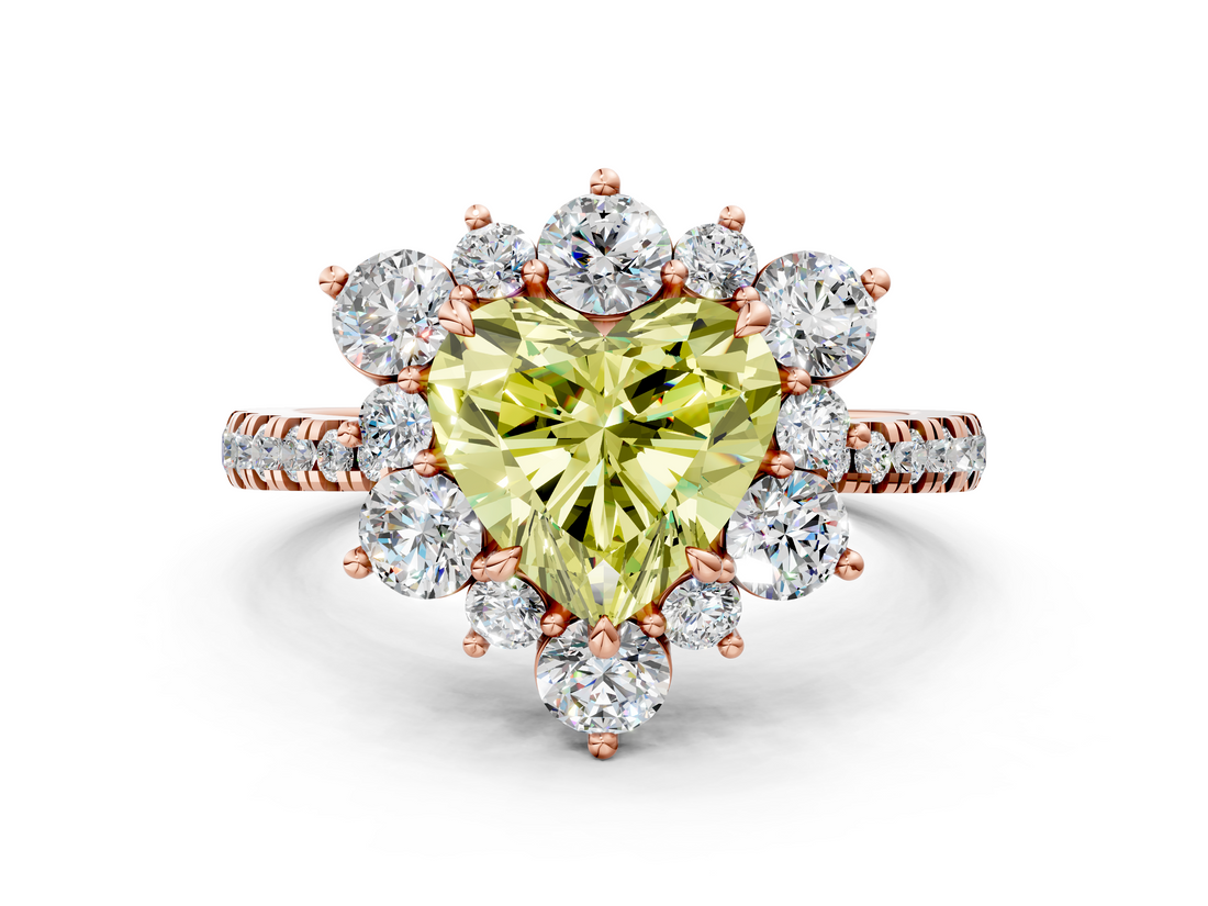 Rose gold Fancy Yellow Heart  Cut Diamond Floral Halo Pave Band with Prong Setting_37