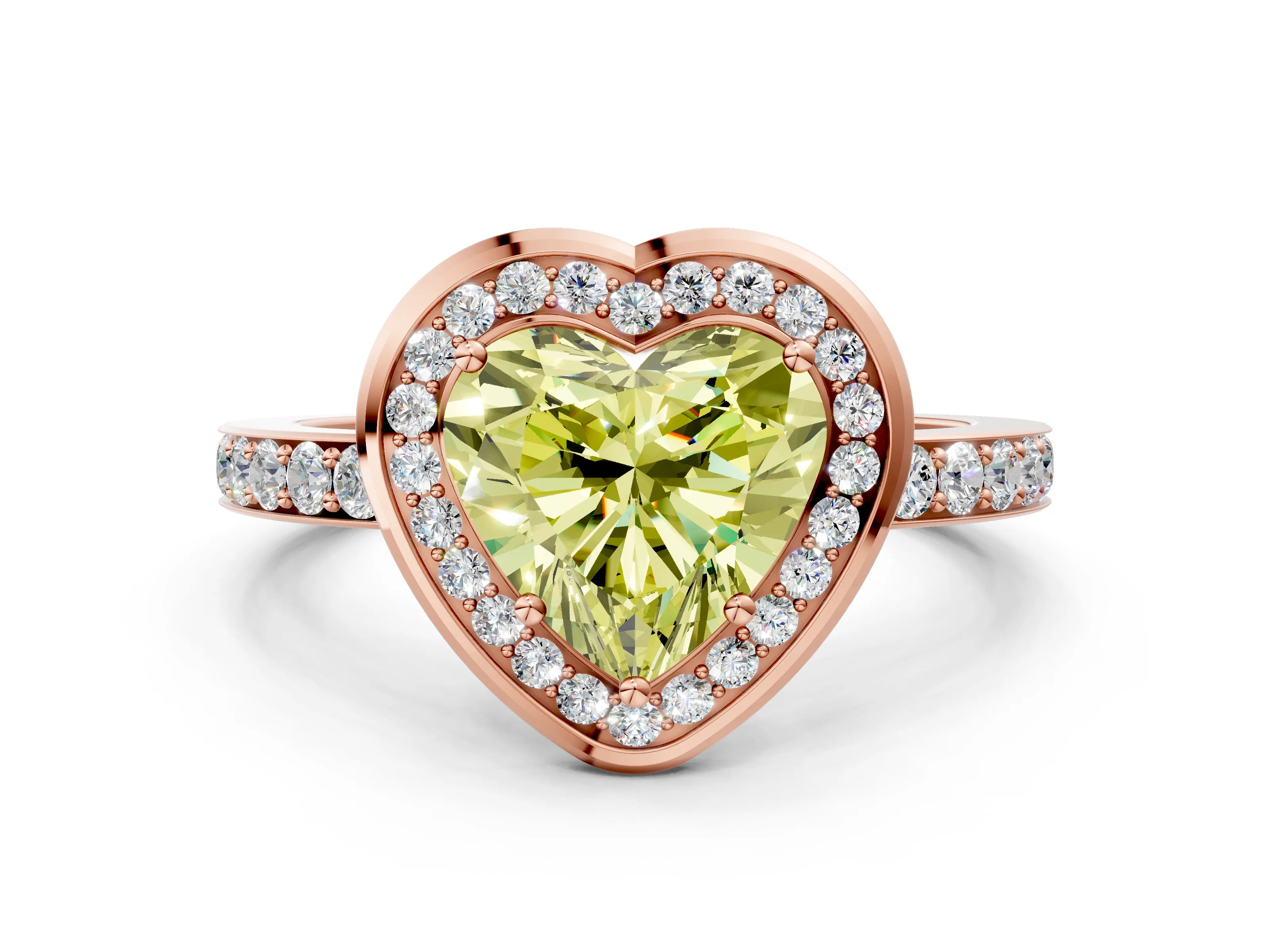 Rose gold Fancy Yellow Heart Cut Diamond Halo Ring with Bezel Frame and Pavé Band