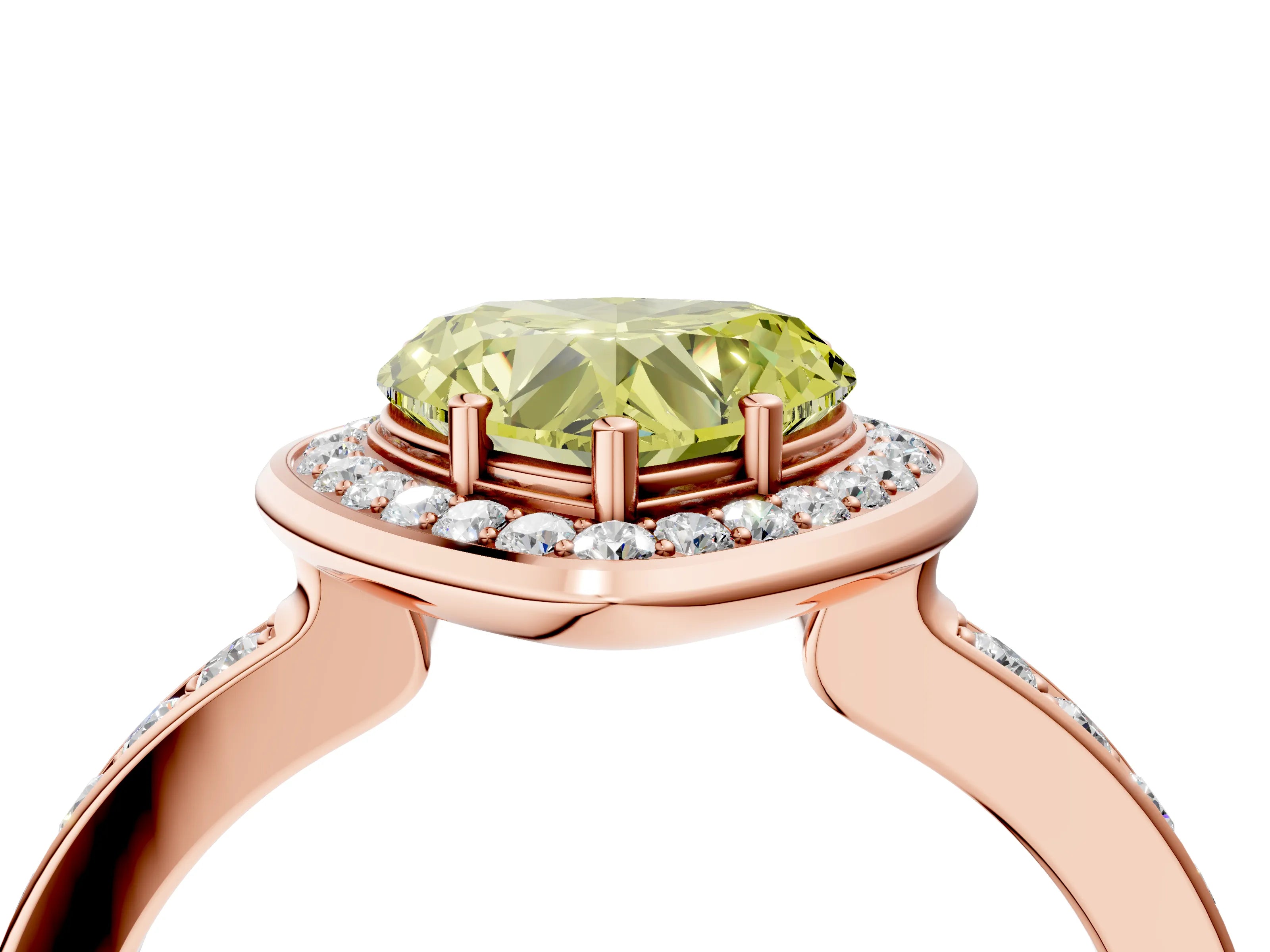Rose gold Fancy Yellow Heart Cut Diamond Halo Ring with Bezel Frame and Pavé Band_4