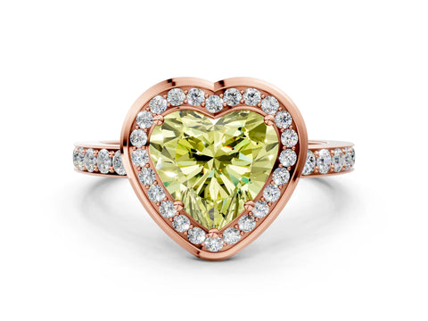 Rose gold Fancy Yellow Heart Cut Diamond Halo Ring with Bezel Frame and Pavé Band